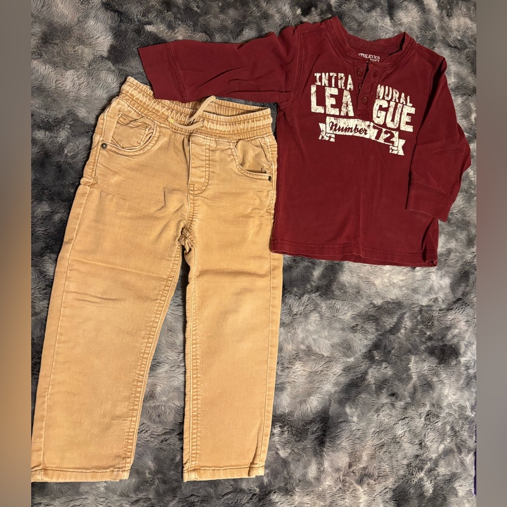 Maroon long-sleeved henley t-shirt and khaki drawstring jeans size 3T